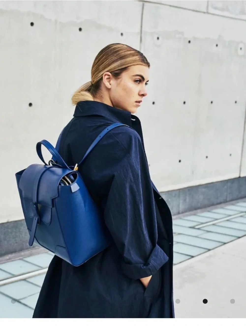 Senreve Maestra Large Navy Leather Handbag with Gold Accents